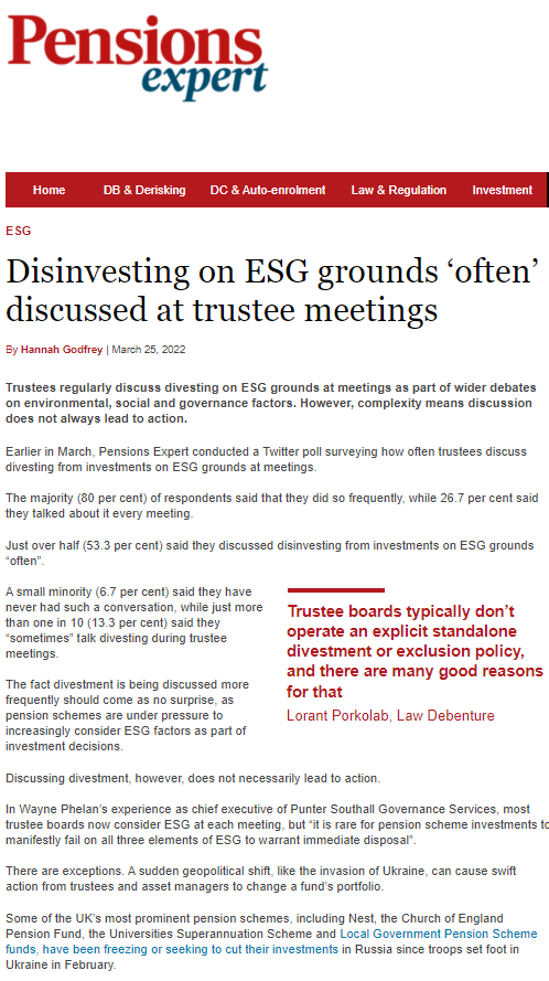 Image for opinion “Disinvesting on ESG grounds 'often' discussed at trustee meetings”